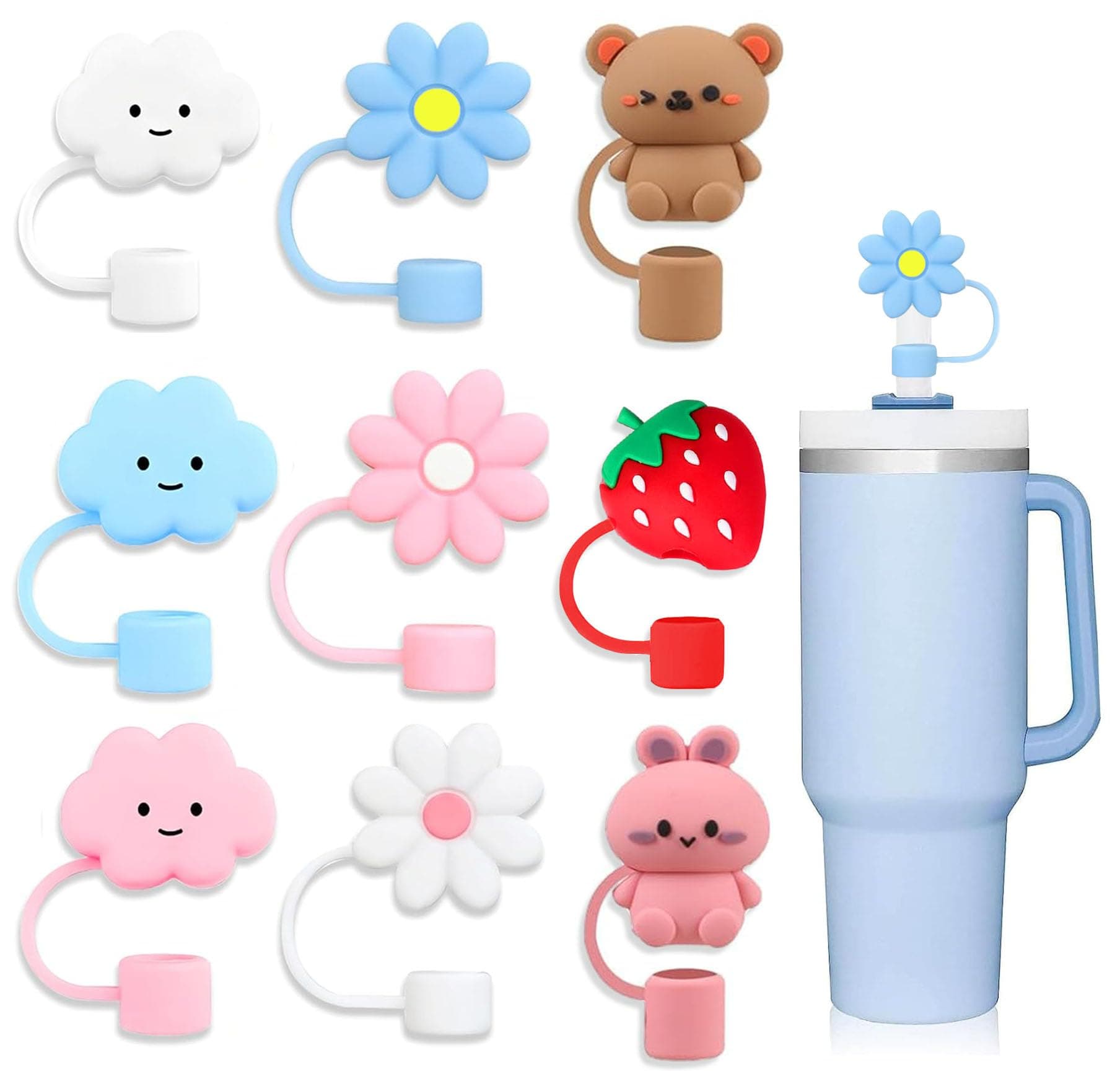 9Pcs Straw Cover Cap Topper Dust-Proof for Stanley Cup 10mm/ 0.4in, for Drinking Straw Cap Stanley Cup Accessories, Cute Silicone Tips Lids Dust-Proof for Water Bottle