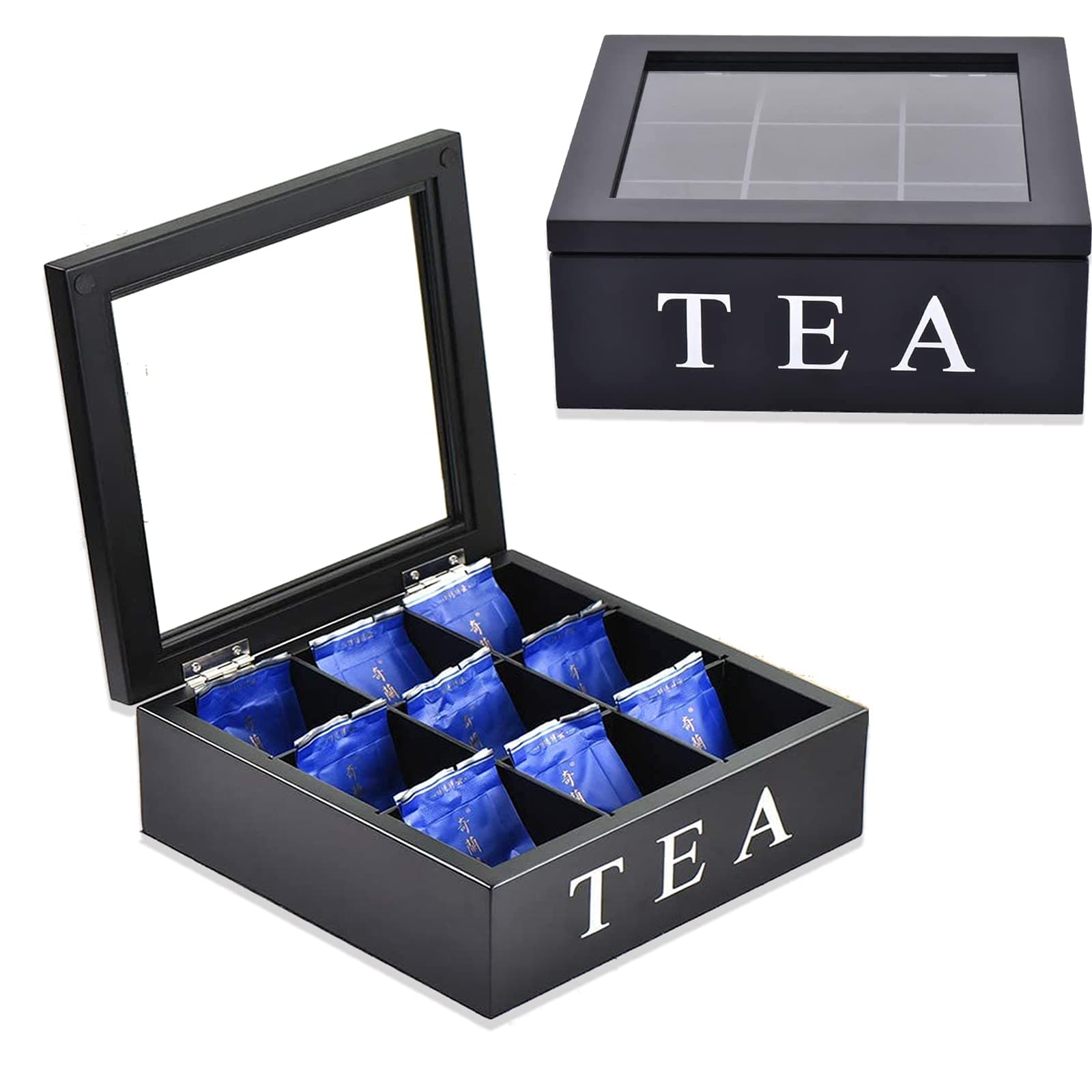 Wood Tea Box with Lid, Tea Bag Storage, 9 Compartments Wooden Tea Box with Hinged Glass Lid, Tea Organizer, Wooden Storage Coffee Tea Bag Organizer for Kitchen Cabinets Wood Tea Store Box (Black)
