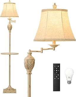 Traditional LED Floor Lamp with 350° Adjustable Swing Arm Lamp – Vintage Standing Pole lamp for Living Room, Bedroom and Office – Rustic Upright Floor Light for Home Décor with Silk Fabric Shade