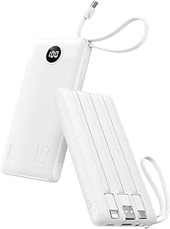 VRURC Portable Charger Power Bank, USB C Battery Pack 10000mAh,5 Outputs 2 Inputs Pocket Travel Charging Bank Built-in Cables for iPhone 17 Pro 17 16 15 14 13,Samsung,Android-White(1 Pack)