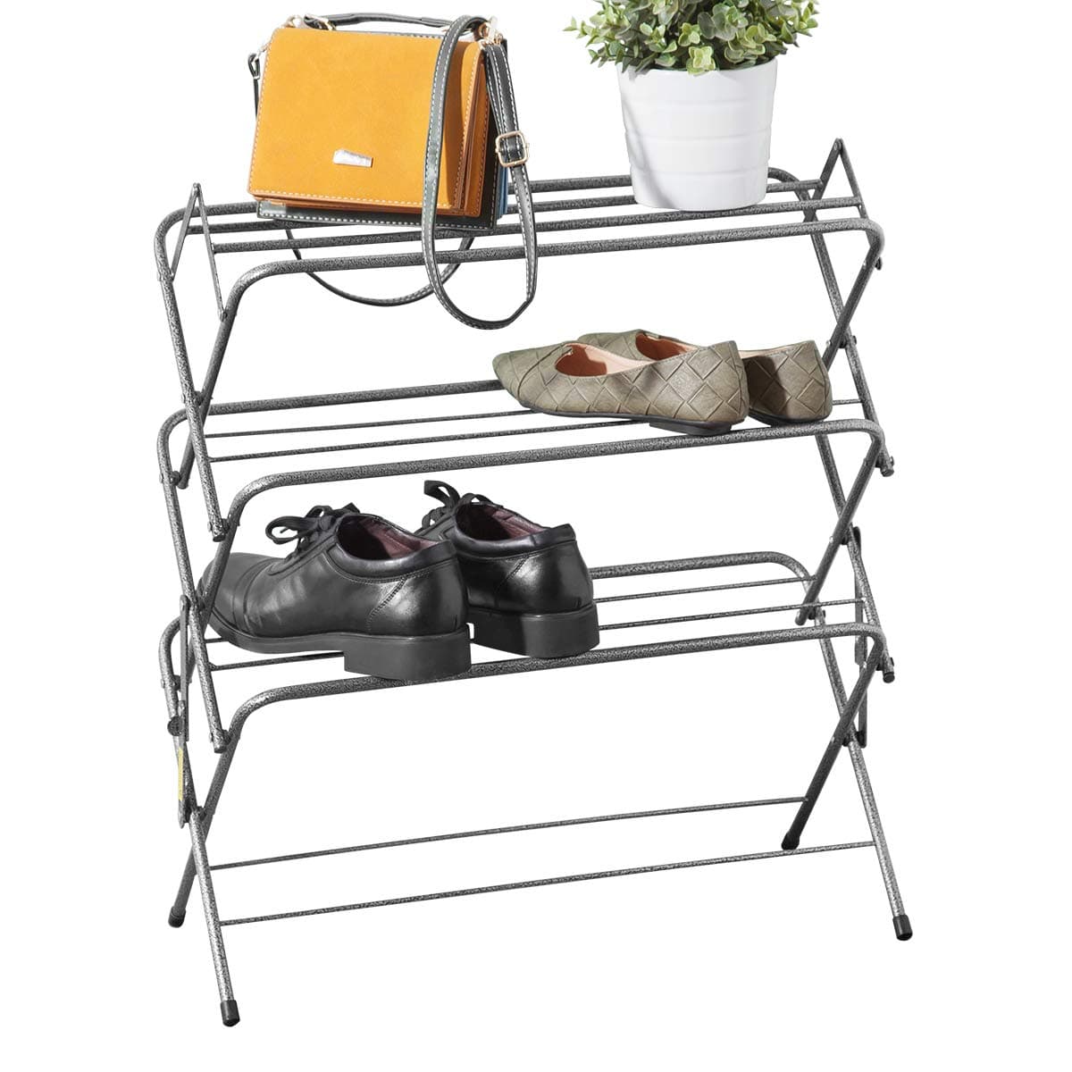 Zenree 4 Tier Folding Shoe Rack, Small Organizer and Storage Metal Shelving Units Stand, Used in Dorm Room, Apartment, Entryway, Cabinet, Garment, Hallway, Pewter