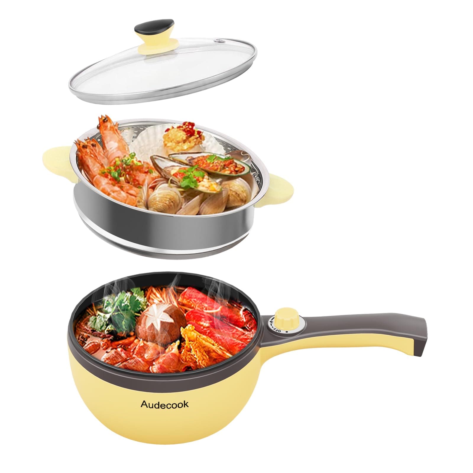 Electric Hot Pot with Steamer, 1.5L/20cm Multi-Functional Cooker Non-Stick Frying Pan Portable Electric Skillet for Dorm Office for Ramen, Steak, Sauté and Steam (B(yellow/1.5L with steamer))