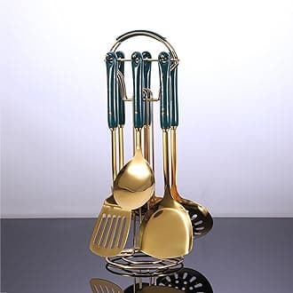 7 Pieces Gold Cooking Utensil Set with Hanging Shelf Kitchenware Cookware Set Stainless Steel 304 Nonstick Heat Resistant Ceramic Handle BPA Free Dishwasher Safe, Green