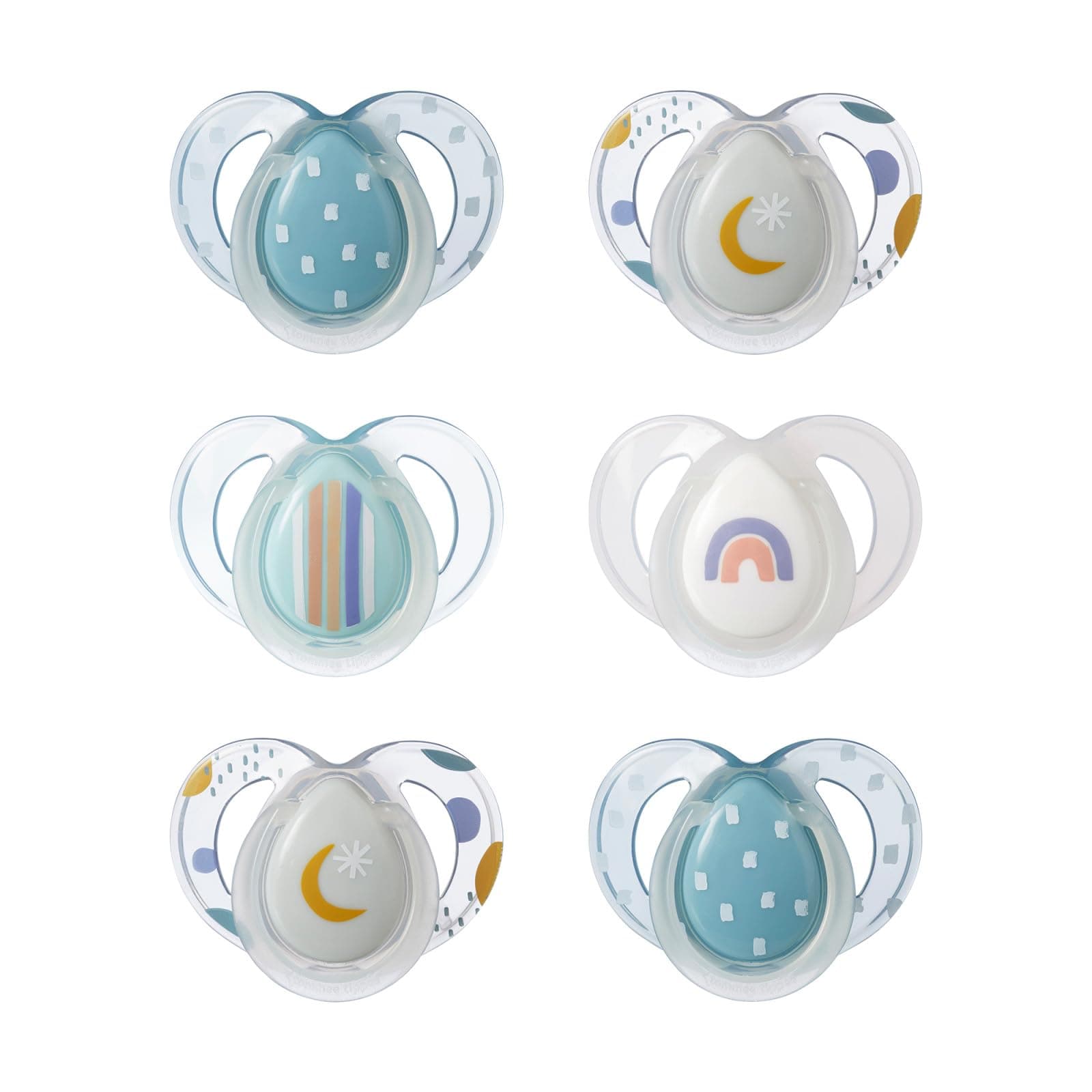 Night Time Pacifier, 6-18 Months, Symmetrical Silicone Baglet, BPA-Free Binkies, Glow in The Dark Technology, Blue Rainbow, Pack of 6