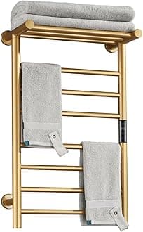 DUDYP Electric Heated Towel Rack, Gold 7-Bar Wall Mounted Towel Warmer with Top Shelf, 304 Stainless Steel Electric Heated Towel Rail for Bathroom, 70W Heated Towel Warmer, Hardwired