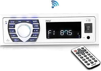 Bluetooth Marine Receiver Stereo - 12v Single DIN Style Boat in Dash Radio Receiver System with Digital LCD, RCA, MP3, USB, SD, AM FM Radio - Remote Control, Wiring Harness - PLRMR23BTW (White)