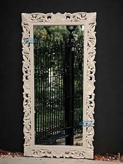 Wooden Carved Mirror Frame for Wall Decoration | Solid Mango Wood | Cream Duco Finish | Wall Mount Frame for Bedroom, Living Room & Hall | Size 4 x 2.5 Feet (Without Mirror)