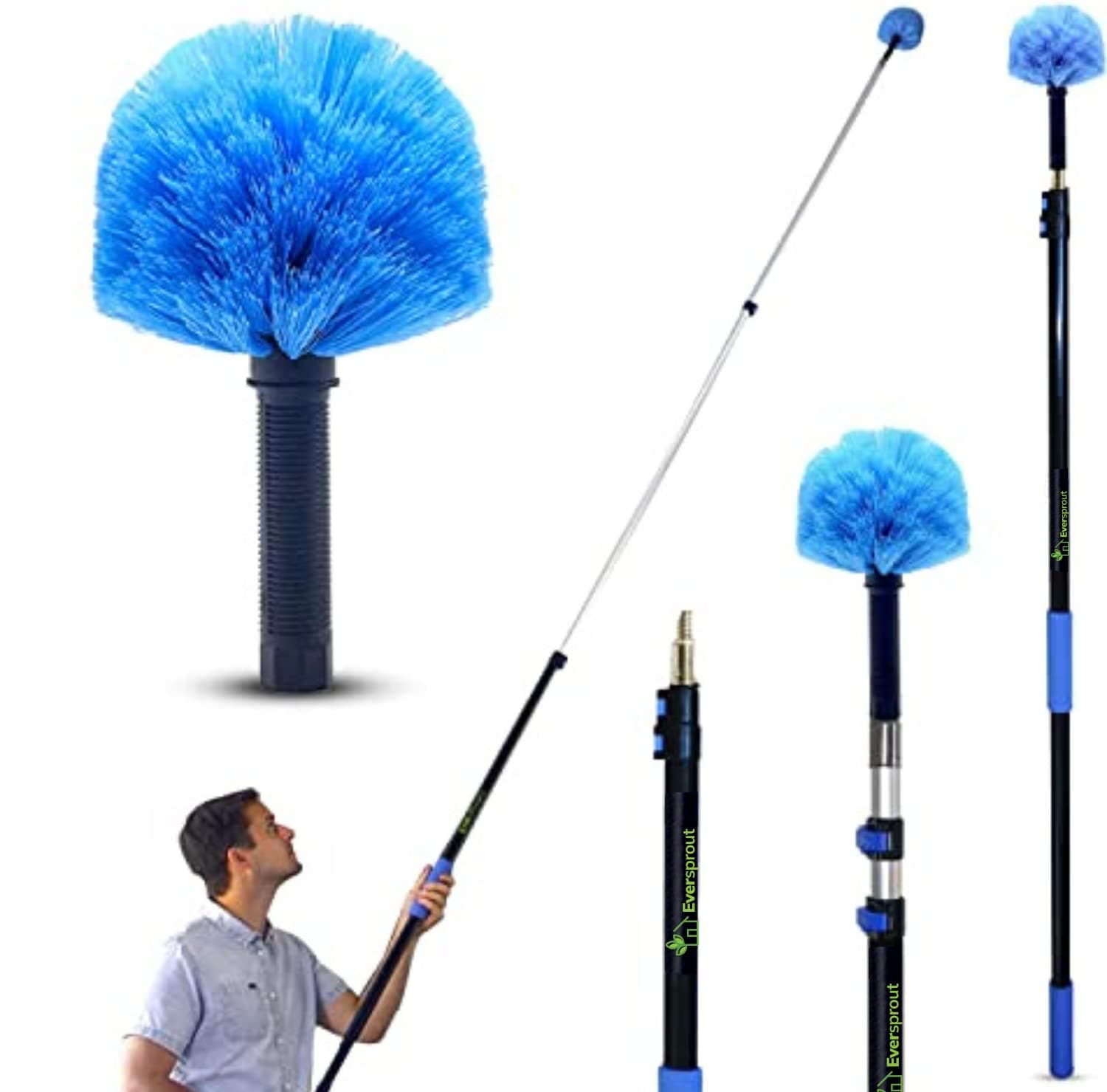 - 5-to-12ft Telescoping Durable Duster with Extension Pole – Lightweight 3 Stage Cobweb Duster – Extendable to 20ft Reach for Cleaning High Ceilings and Spider Webs