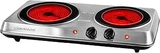 Countertop Infrared Double Burner, 1700W Electric Hot Plate and Portable Stove with 7.75" and 6.75" Ceramic Glass Cooktop, 5 Level Temperature Setting and Easy to Clean Base, Silver BGI102S