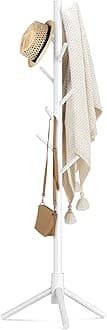 Haddockway Wooden Coat Rack Stand with 8 Hooks New Zealand Pine 3 Adjustable Coat Standing Tree Easy Assembly for Coats, Hats, Scarves and Handbags for Entryway, Hallway, Bedroom, Office, white