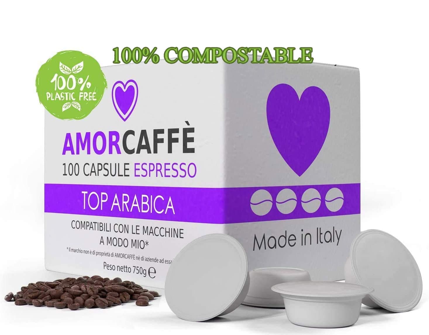 Amorcaffe 100 Compostable Compatible Coffee Capsules Pods for Lavazza A Modo Mio - Top Arabica taste - Plastic free