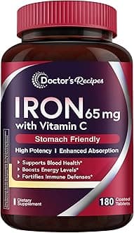 Iron Supplement 65 mg with Vitamin C - Maximized Absorption & Stomach Friendly Iron Pills for Red Blood Cells Formation, Heart, Brain & Immunity Health - Vegan Non-GMO 180 Iron Tabs