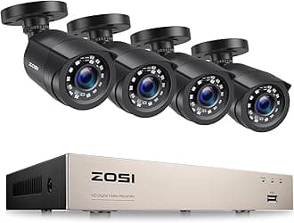 ZOSI H.265+ Home Security Camera System Outdoor Indoor, 8 Channel 5MP-Lite CCTV DVR Recorder and 4pcs Weatherproof Surveillance Bullet Camera,Night Vision,Remote Access,Motion Alerts (No HDD)