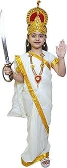 Kaku Fancy Dresses Silk, Polyester Parvati Mata Costume Kids Fancy Dress for Religious Events School Plays Cultural Performances - Cream/Golden, 5-6 YEARS, Girl