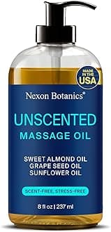 Unscented Massage Oil for Massage Therapy 8 fl oz - Refreshing and Relaxing - Natural Oils with Sweet Almond, Grape Seed and Sunflower Oil - for Men and Women - Nexon Botanics