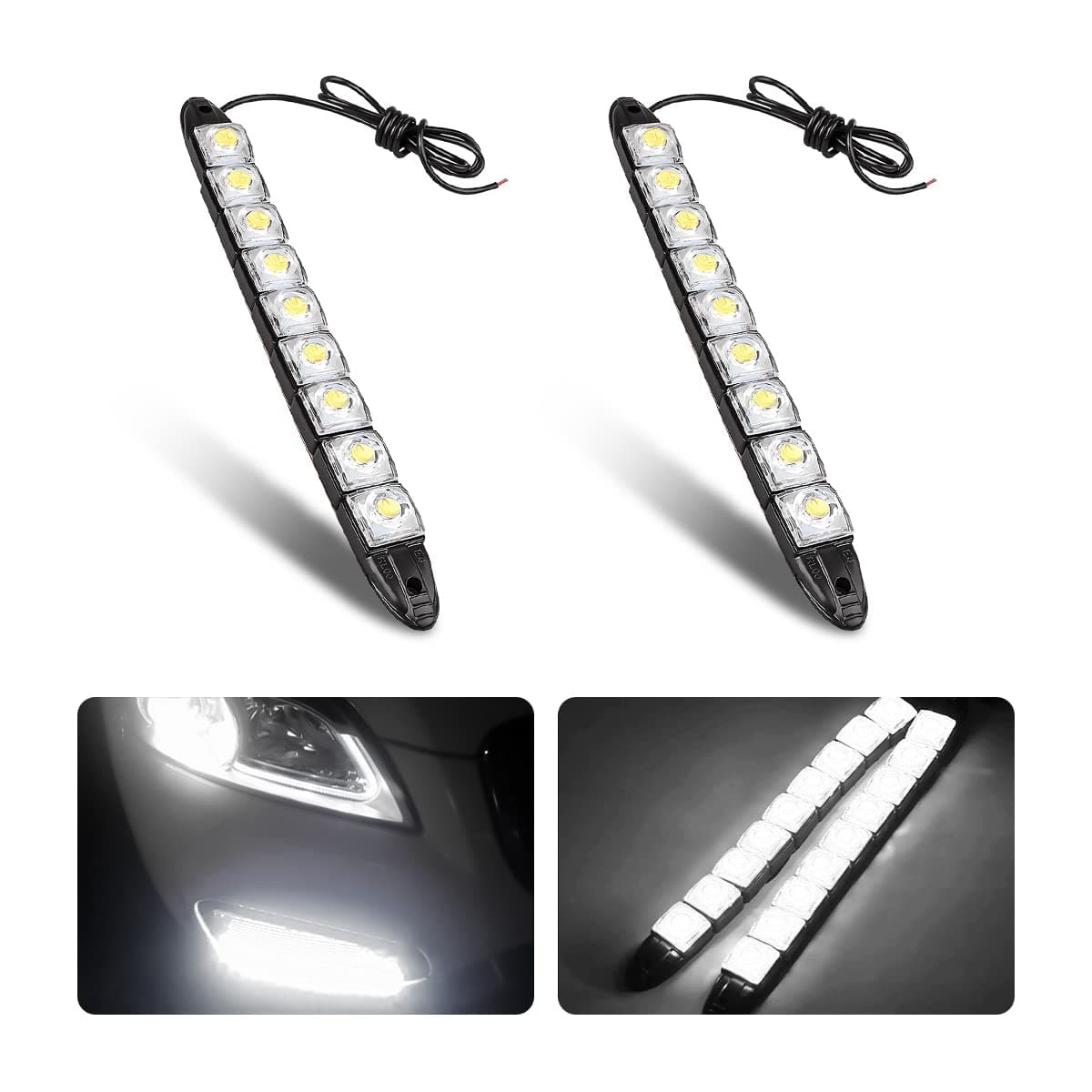 2Pcs 9 LED Daytime Running Strip Lights DRL Kit, Flexible Bright Spot Fog Lamp, High Power Clearance Light, Auto Accessories Universal Fit Many Cars (White)