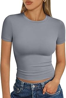 Trendy Queen Womens Short Sleeve T Shirts - Buttery Soft Summer Crop Tops Slim Fit Y2k Basic Tees for Workout