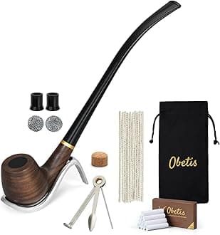 Ebony Tobacco Pipe Set - Elegant Churchwarden Style Long Stem Pipe with High-heel Metal Stand, Handcrafted Smoking Pipe Kit with Filters, Tools, Pouch, and Gift Box for Collectors and Beginners