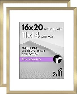 Americanflat 16x20 Picture Frame with Polished Plexiglass - Set of 2 - Use as 11x14 Frame with Mat or Display 16x20 Photo Without Mat - Galleria Collection - Picture Frames for Wall Display - Gold