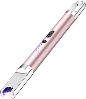 Candle Lighter Electric Lighter with Battery Display and Safety Switch USB Rechargeable Lighter for Candle Cooking BBQ and Fireworks Aluminum Case & Hanging Hook Plasma Lighter Arc Lighter