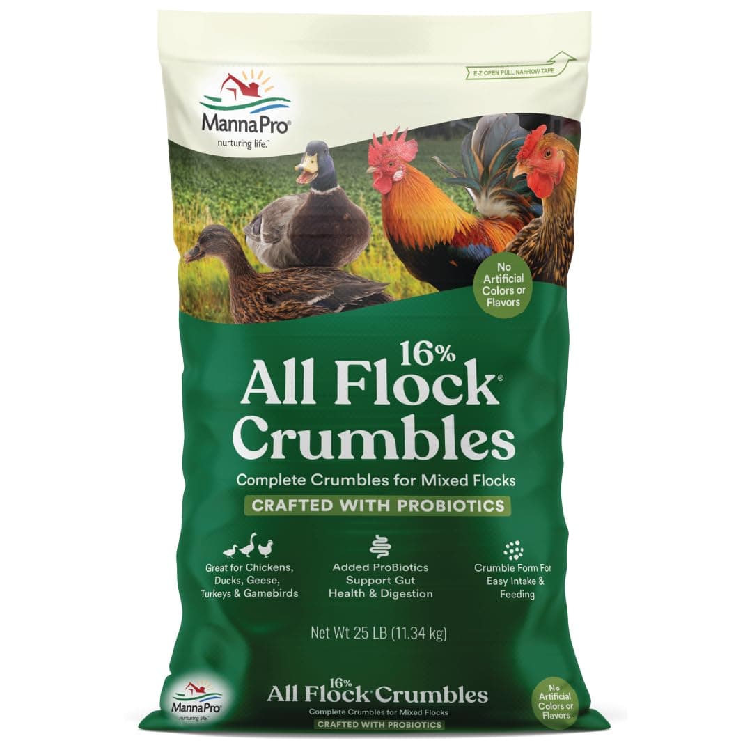 Manna Pro All Flock Crumbles – 16% Protein Complete Poultry Feed with Probiotics for Digestion, Crumbled Chicken & Game Bird Feed for All Flock Types, No Artificial Colors or Flavors, 25 lb