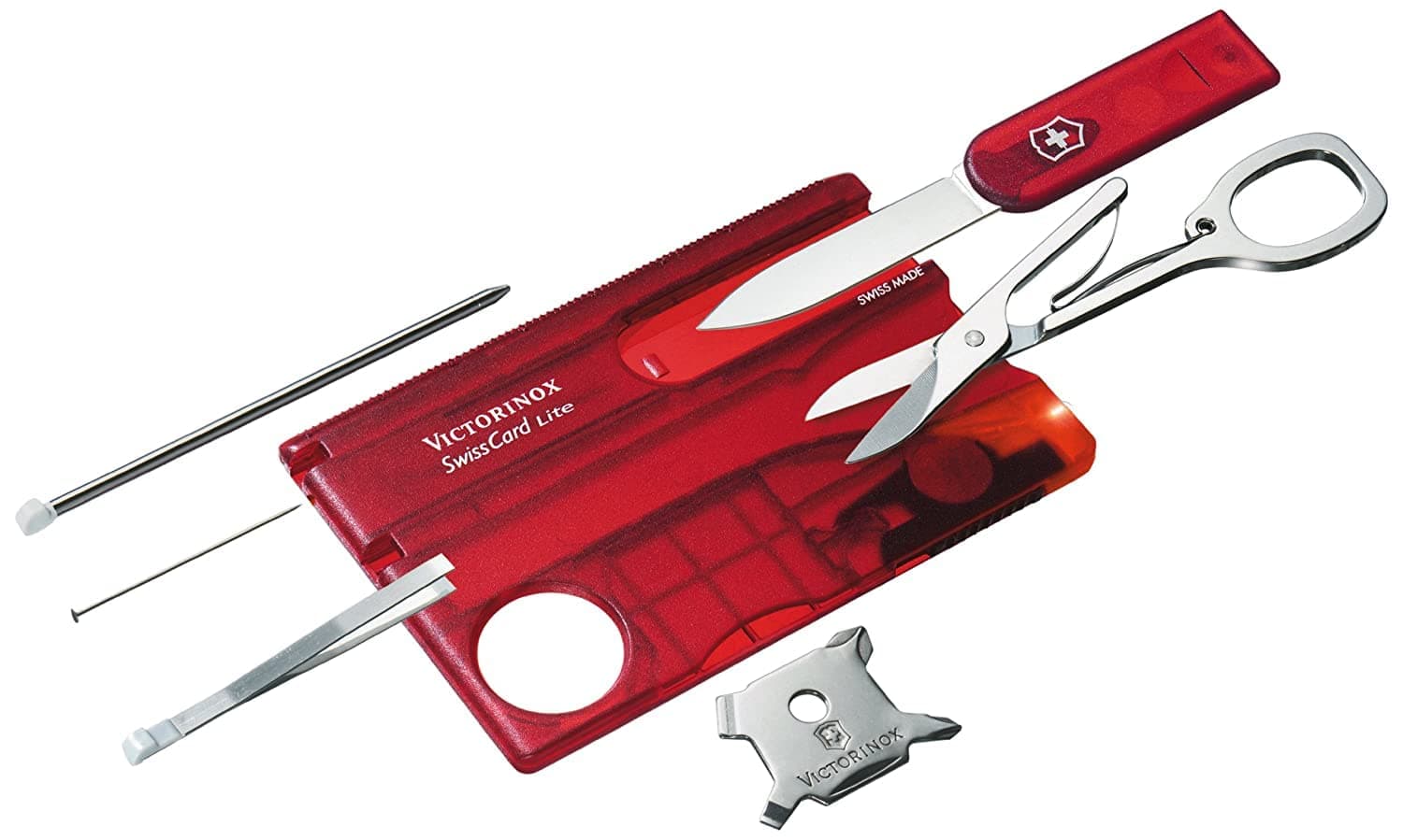 Swiss Card Lite Swiss Army Knife, 13 Functions, Swiss Made Pocket Knife with Magnifying Glass, LED and Tweezers - Ruby