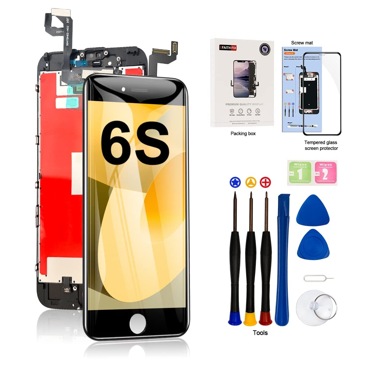 EFAITHFIX for iPhone 6S LCD Screen Replacement Black 4.7 Inch Frame Assembly Display 3D Touch Screen Digitizer with Repair Tools Kit Tempered Glass Screen Protector for A1633, A1688, A1700 (Black)