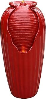 Teamson Home Glazed Vase Floor Freestanding Water Fountain with LED Lights and Pump for Outdoor Patio Backyard Deck Plant Garden Décor, 32 Inch Height, Red