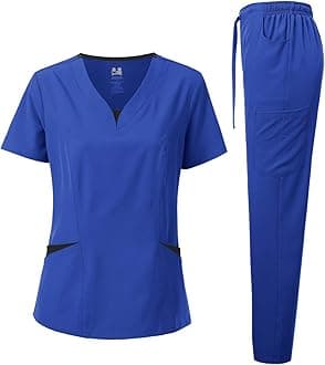 Dagacci Medical Uniform Women's Scrubs Set 4-Way Stretch Split Contrast Net and Pocket, 4-way Stretch - Royal Blue, M