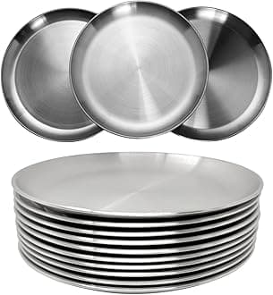 Stainless Steel Plates 9 inch 304 Metal Lightweight Unbreakable Dinner Dishes Plates Set Non-Toxin Dishwasher Safe BPA Free and Healthy (10 Pcs)