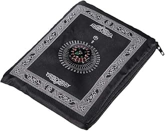 OBD Pocket Prayer Mat with Qibla Compass Foldable Small Black Prayer Rug 60 x 100cm Lightweight Travel Namaz Mat Muslim Gift for Hajj Umrah & Ramadan
