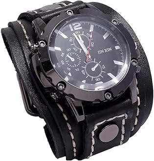 Handmade Sewn with Wax Rope Men Watches Vintage Punk Hiphop Gothic Wide Genuine Leather Fashion Cuff Round Quartz Wristwatch Big Dial Black Brown