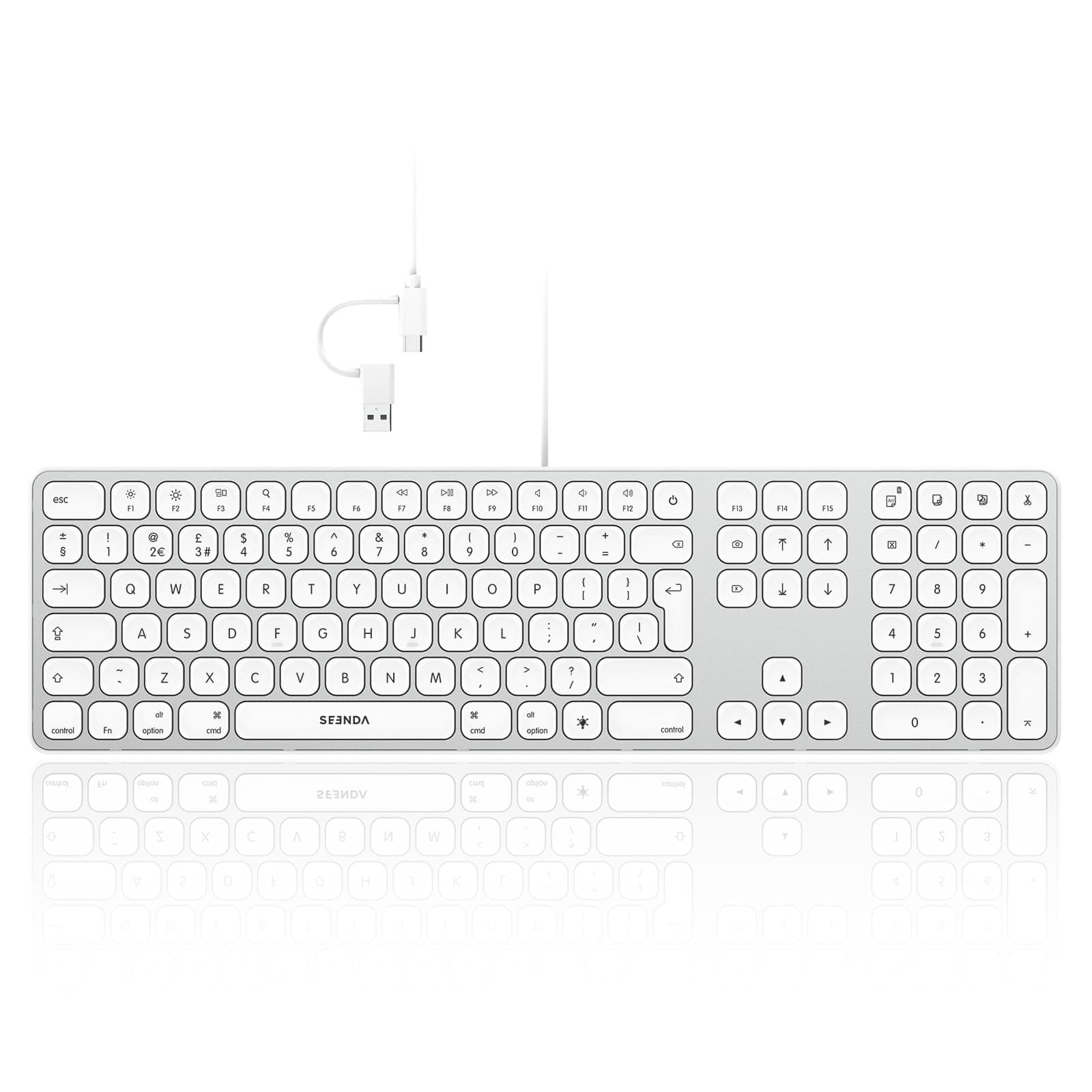 Seenda Wired Backlit Keyboard - Full-size Slim USB A & Type C 2-in-1 Connector for Apple iMac, MacBook Pro/Air, Mac Pro, Mac Mini - UK Layout - White and Silver