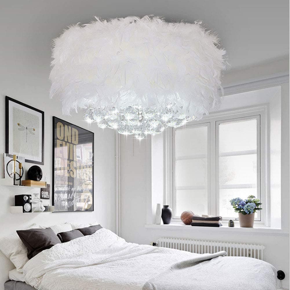 XDLUK Feather Ceiling Pendant Light Shade White Feather Crystal Ball LED Lamp Simple Decorative Droplight Shade for Living Room Bedroom Hotel, 40cm/15.75inches [Energy Class A] [Energy Class A]