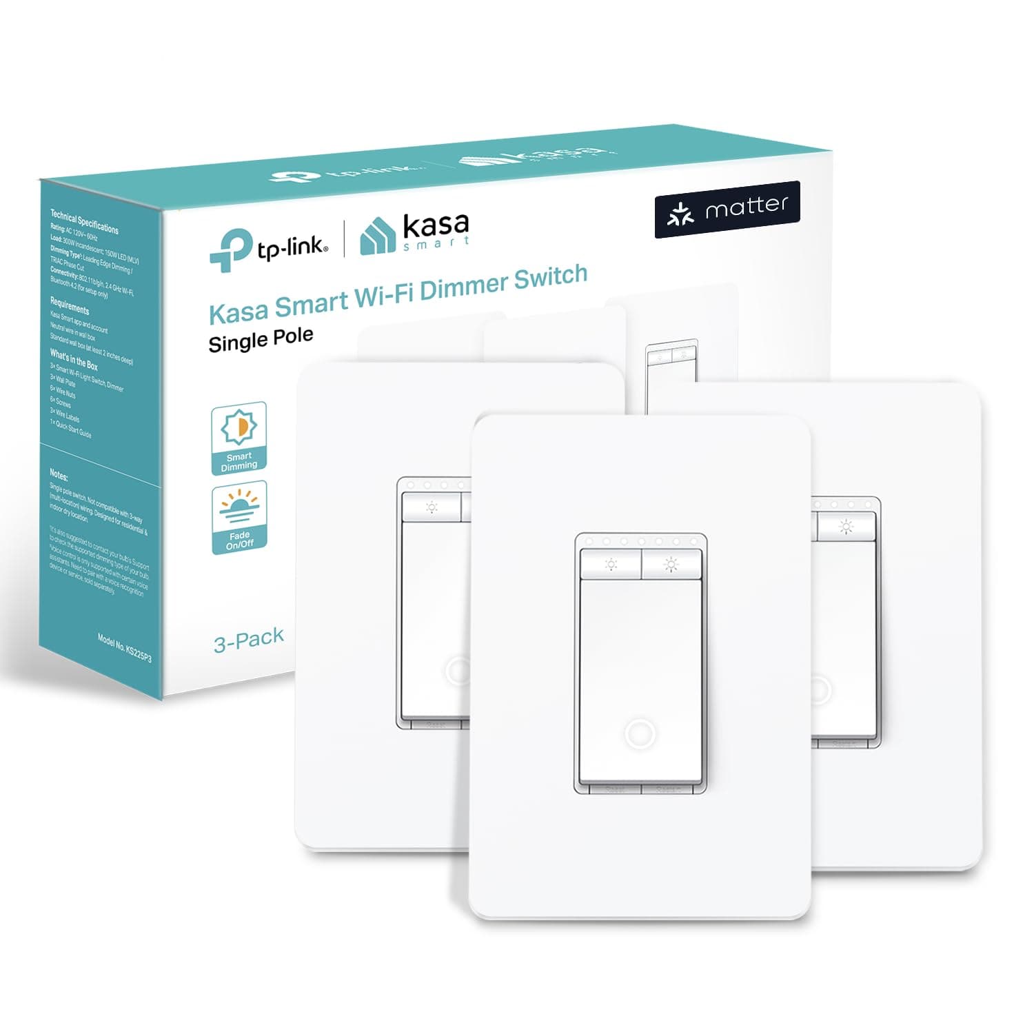 Kasa Matter Smart Dimmer Switch: Voice Control w/Siri, Alexa & Google Assistant,UL Certified, Timer & Schedule, Easy Guided Install,Neutral Wire Required, Single Pole, 2.4GHz Wi-Fi, 3-Pack