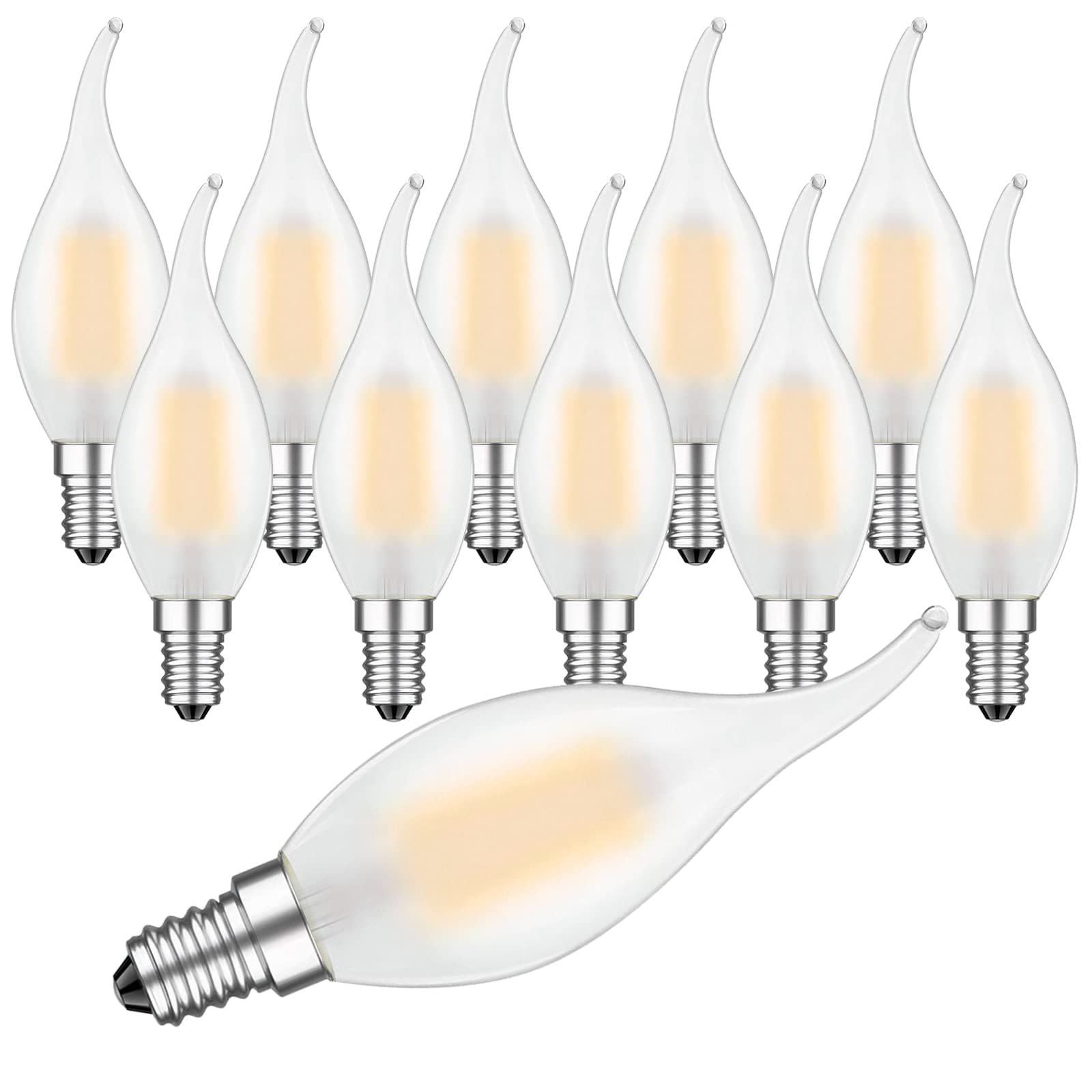 E14 Flame Tip LED Filament Frosted Candle Light Bulbs,Dimmable Candle Bulbs, 4W Candelabra Base Lamp,Warm White 2700K,35W Incandescent Bulb Equivalent,Pack of 10,Energy Class F