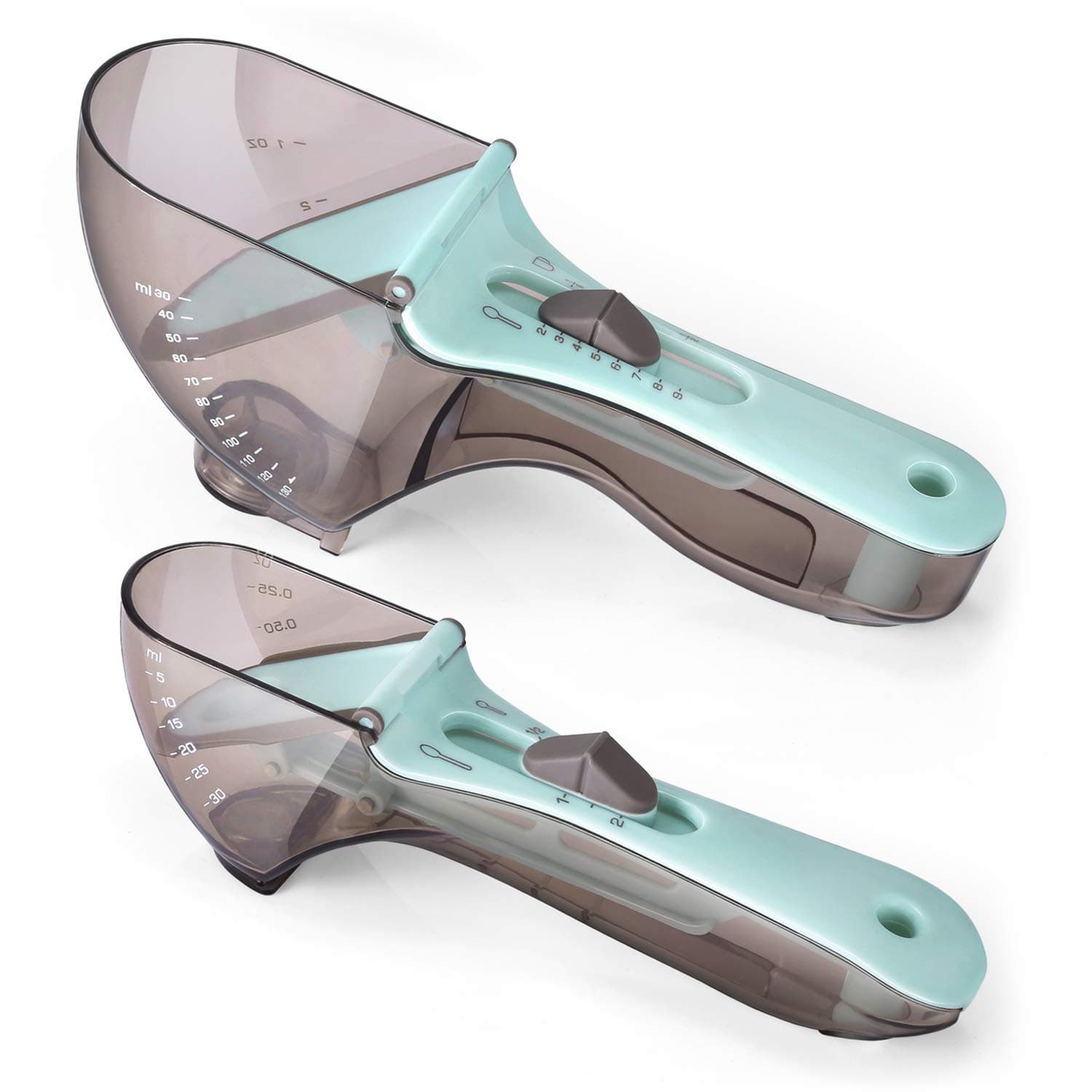 TENDOMI Adjustable Measuring Cups and Spoons Set (2 Pieces)-Large Tablespoon & Small Teaspoon - Metric ML,OZ and Cup - Magnetic Plastic Spoon Measurements for Solid/Powder/Liquid