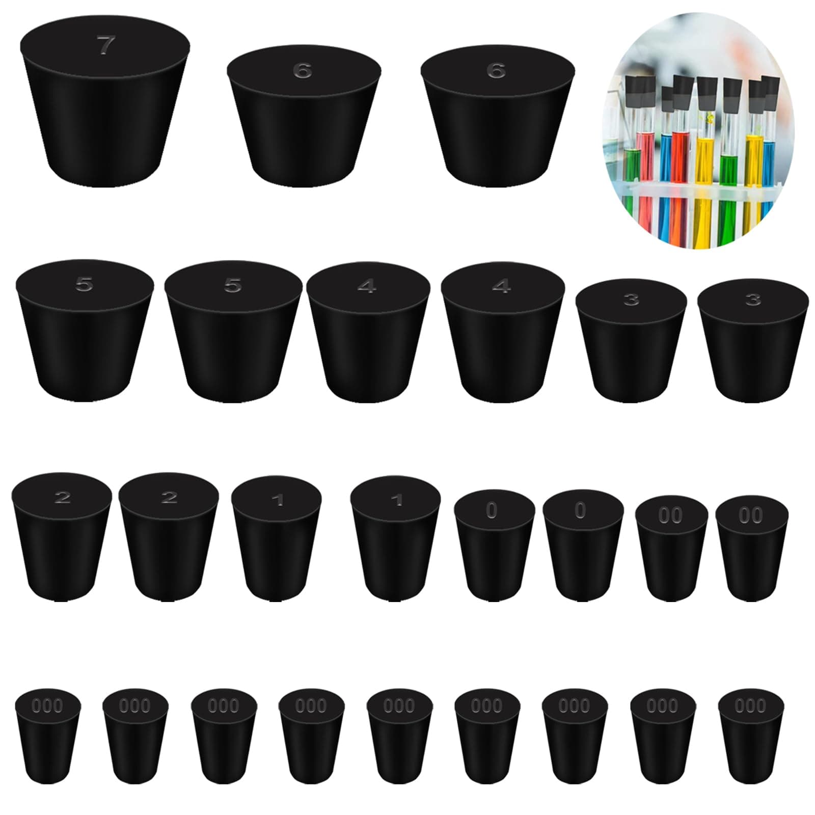 Tnisesm 25Pcs Black 000#-7# Solid Rubber Stoppers 10 Assorted Sizes