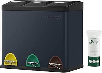 SONGMICS LTB24GS 3 x 8L Small Volume Kitchen Waste Bin with Lids Triple Steel Bin for Small Families Pedals and Buckets Easy to Clean, Greenish Grey and Black LTB24GS