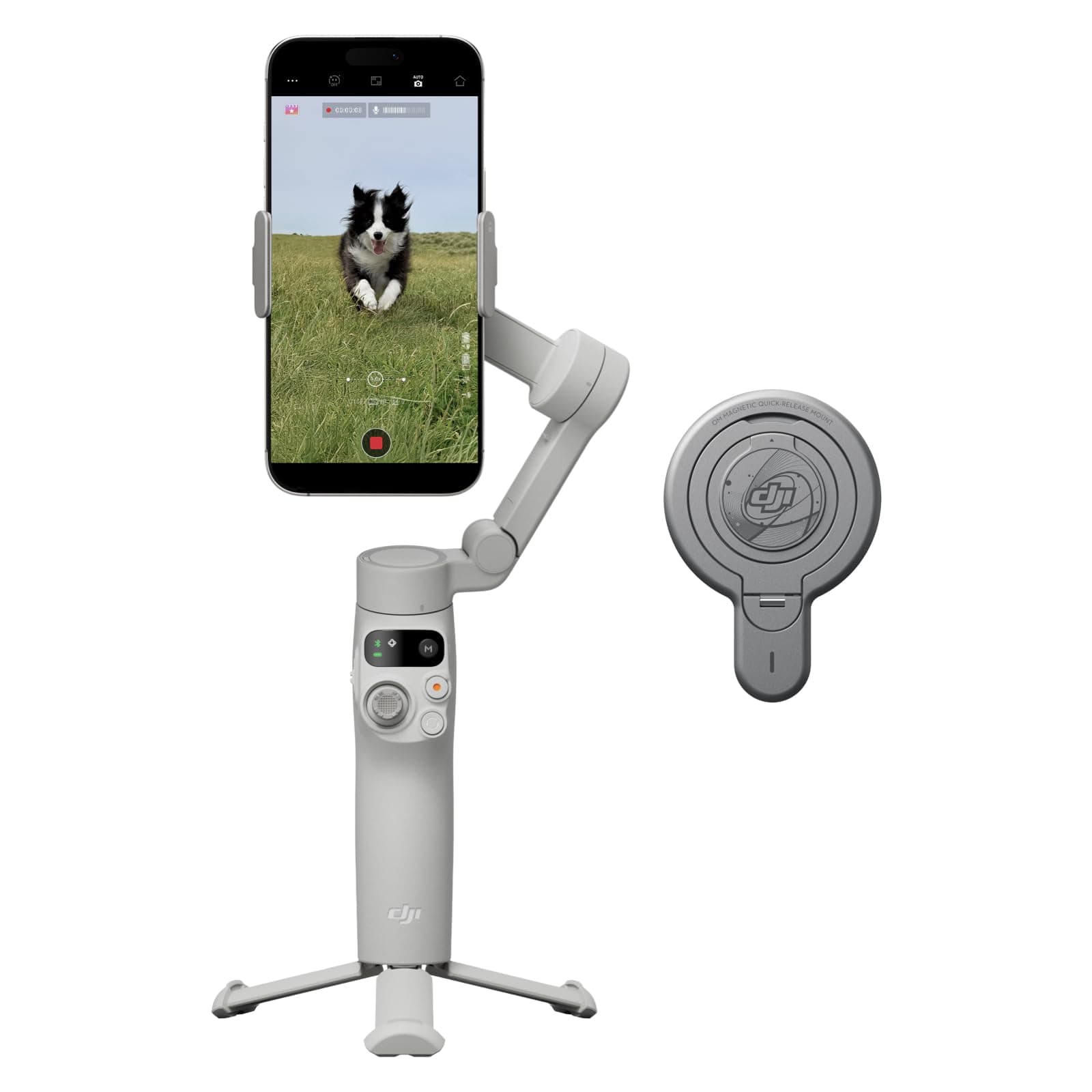 DJI Osmo Mobile 7 + Magnetic Quick-Release Mount (for iPhone), Gimbal Stabilizer for iPhone, Built-in Tripod, Ultra-Light, 3-Axis Phone Gimbal, ActiveTrack 7.0, Phone Charging, Instant Filming