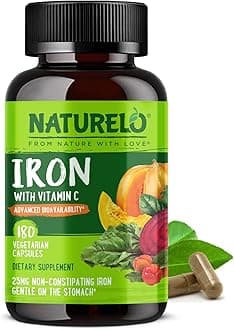 Vegan Iron Supplement with Vitamin C and Organic Whole Foods - Gentle Iron Pills for Women & Men with Iron Deficiency Including Pregnancy, Anemia and Vegan Diets - 180 Mini Capsules