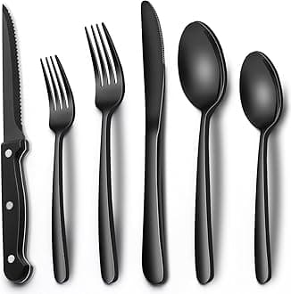 EWFEN Black Heavy Duty Silverware Set, 24-Piece Stainless Steel Flatware Set with Steak Knives for 4, Food-Grade Tableware Cutlery Set, Utensil Sets for Home Restaurant, Mirror Finish, Dishwasher Safe