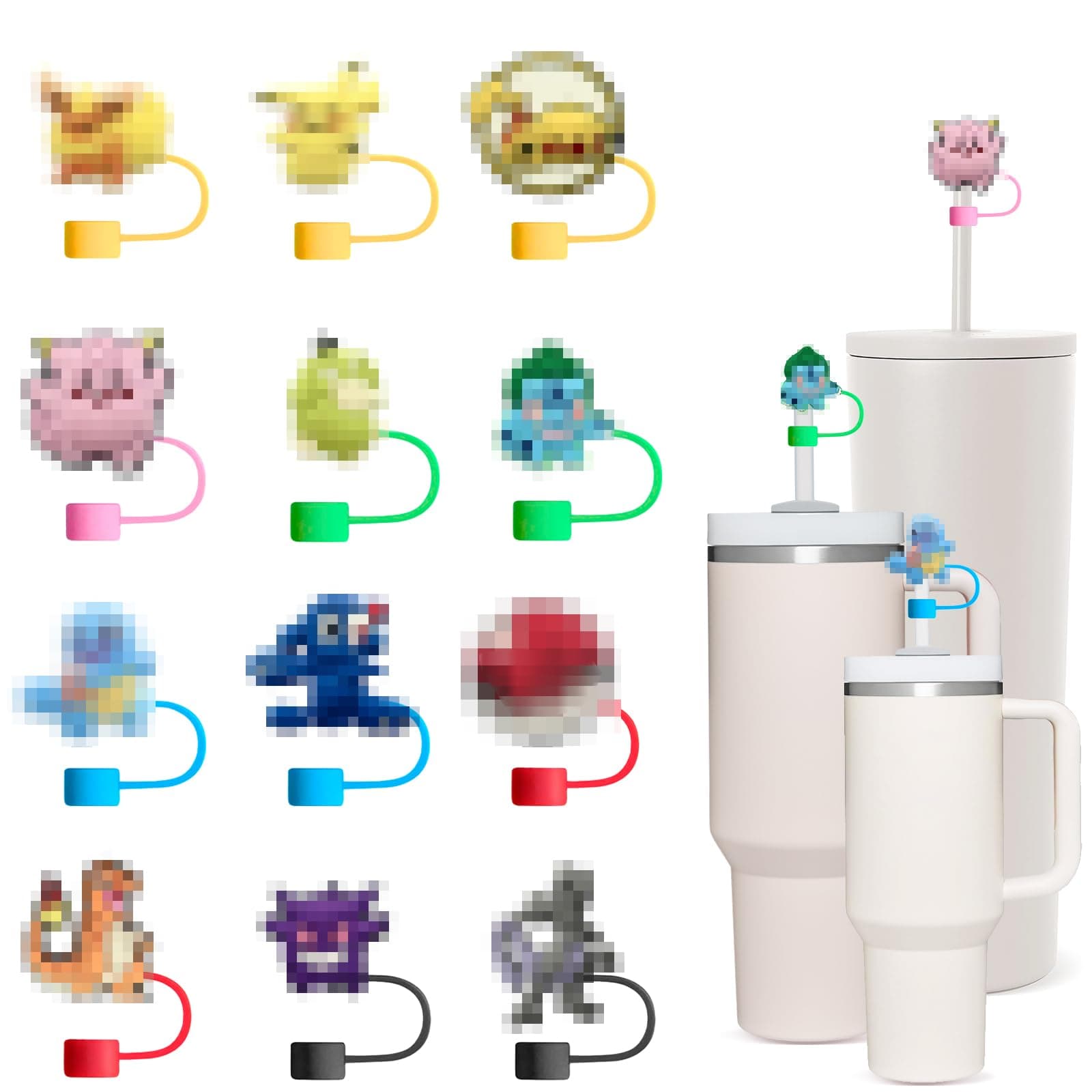 12 Pcs Different Cartoon Straw Covers Cap for 9-10mm Straws Fit Stanley Cup 40 oz 30 oz Tumbler with Handle, Reusable Drinking Straw Topper for Kids Party Favor