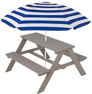 Best Choice Products Kids Wooden Picnic Table, Outdoor Activity & Dining Table w/Adjustable Collapsible Umbrella, Built-in Seats - Gray/Navy