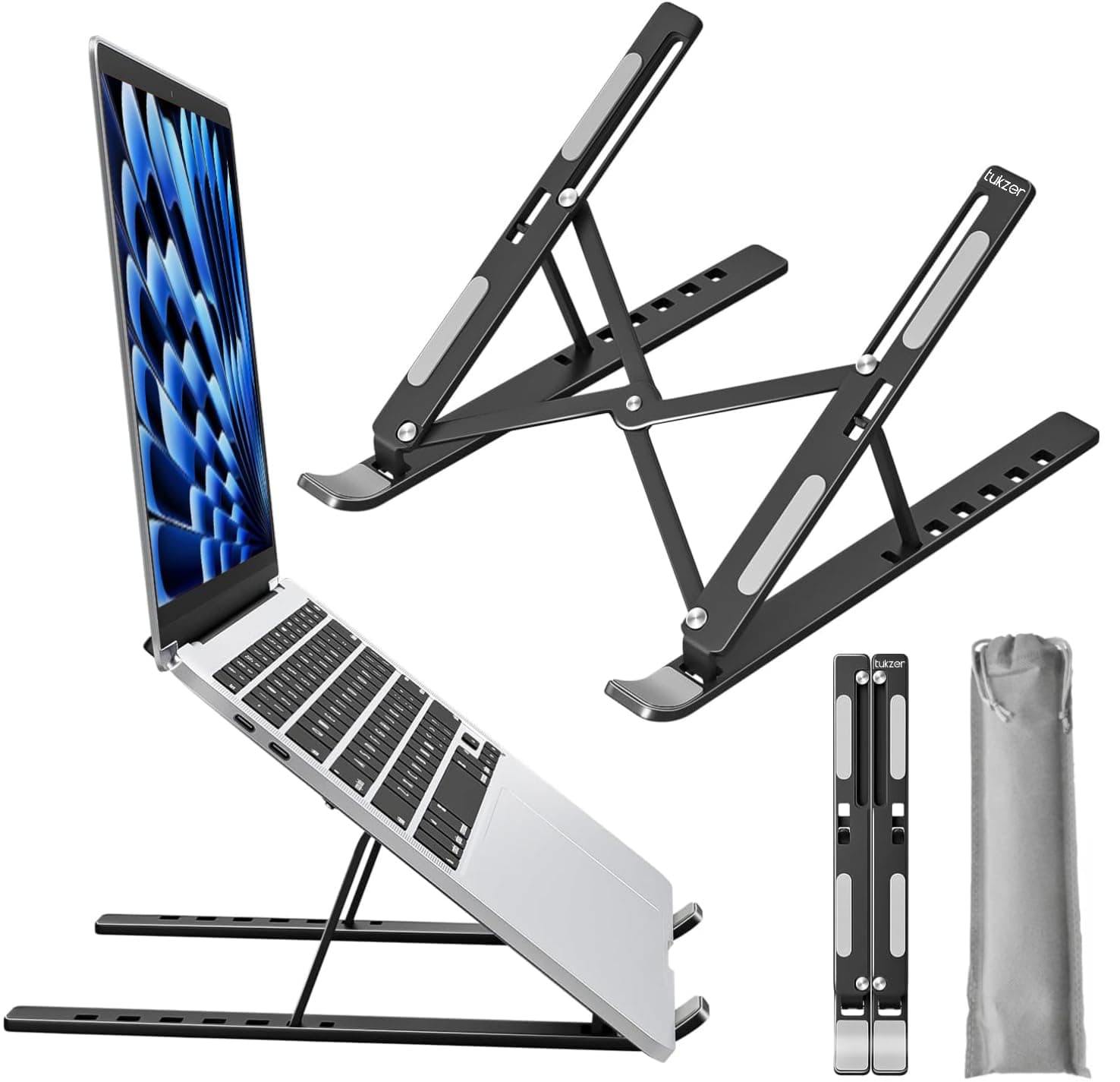 Tukzer (Imported Foldable Laptop Stand Riser for Laptop, MacBook, Notebook & Tablets up to 17 Inch, 7 Level Height Angle Adjustment, 2X Stronger M-Shape Aluminum Silicone Pads Air Ventilation-Black