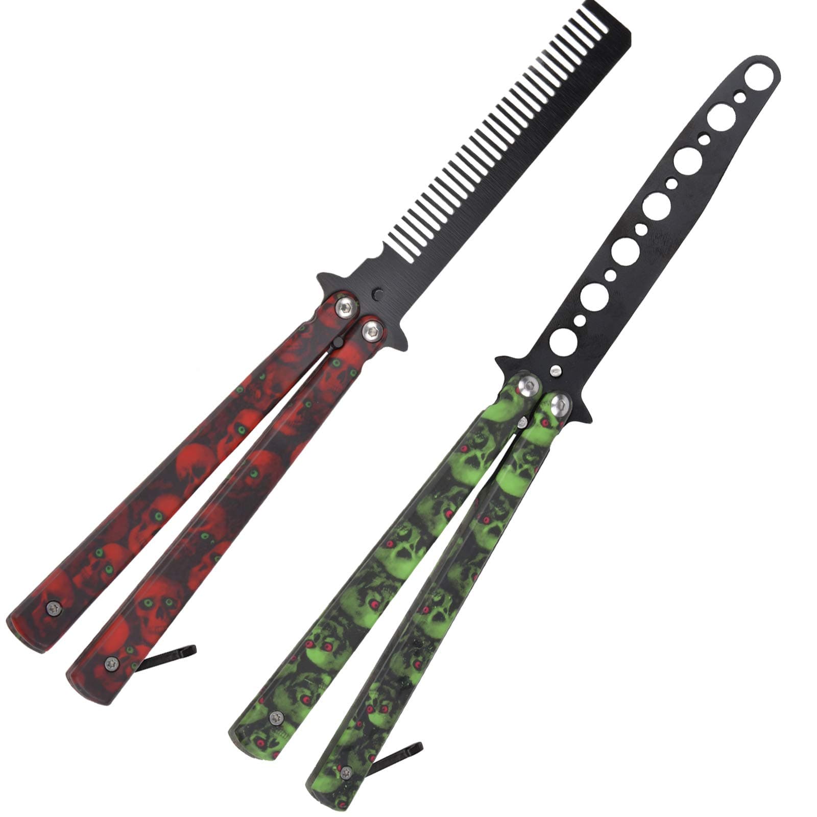 AIFUSI Practice Butterfly Knife Trainer, 2 Pack Steel Folding Comb, Unsharpened Blade, No offensive Bilsong for Beginners Training Outdoor Indoor Camping Tactical (Red & Green)