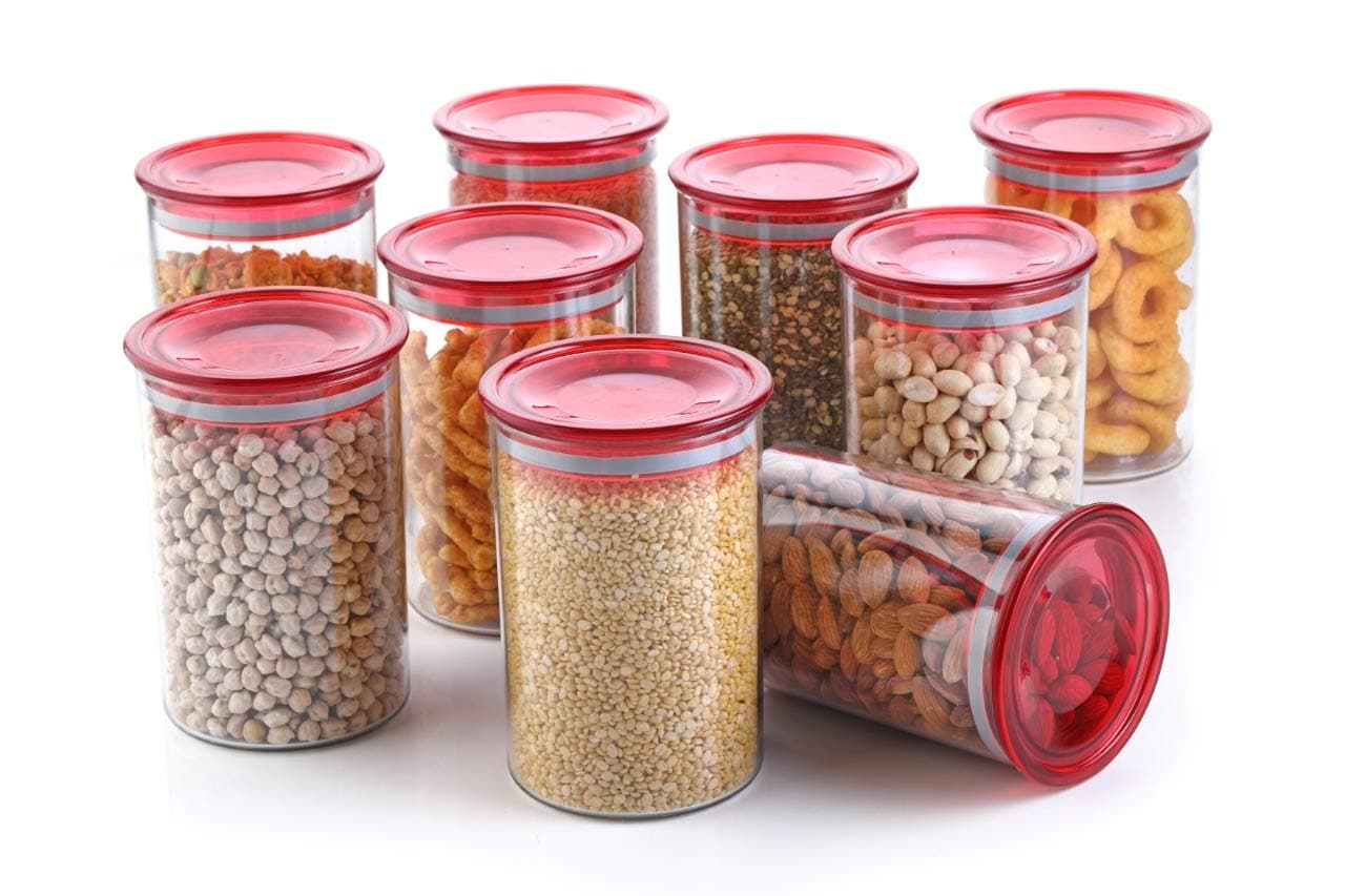 Slings Plastic Airtight Storage Jars Kitchen Container Set, 900ml, Red (9 Pieces)