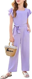 Haloumoning Girls Jumpsuit Kids Fashion Square Neck Ruffle Sleeve Belted Wide Leg Romper with Pockets