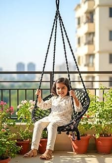 Patiofy Cotton Round Baby Swing/Jhula for Kids/Swing for Kids for Home/Jhula for Baby Swing Hanging Indoor & Outdoor/Ideal for 5-15 Years/Swing for Children/Swinging Chair for Kids (Black)