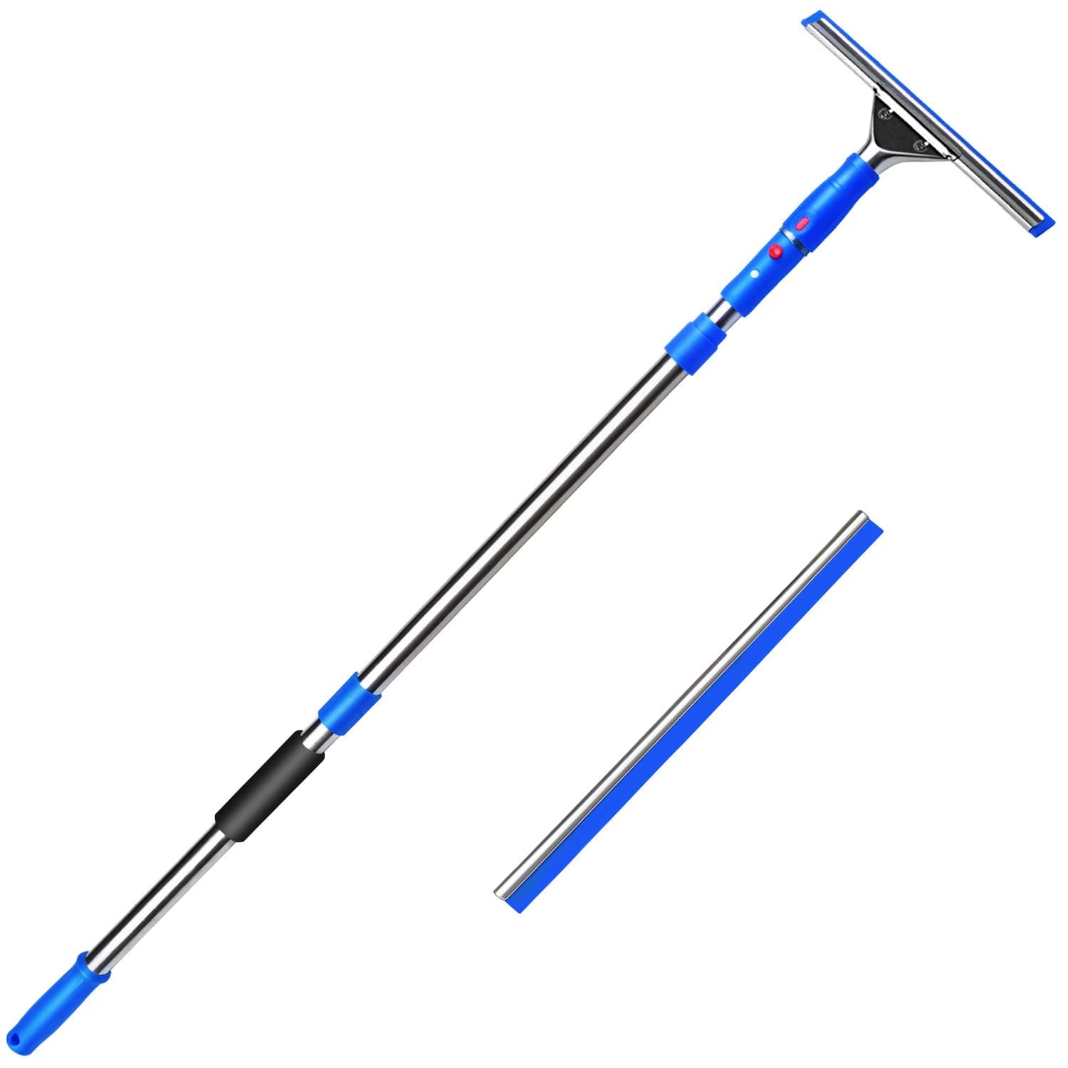 Window Squeegee Cleaning with 2 Natural Rubber Scraping and 58 inch Non-slip Stainless Steel Extendable Pole for Shower Glass Home Auto Mirrors Floor Window Sqweegy